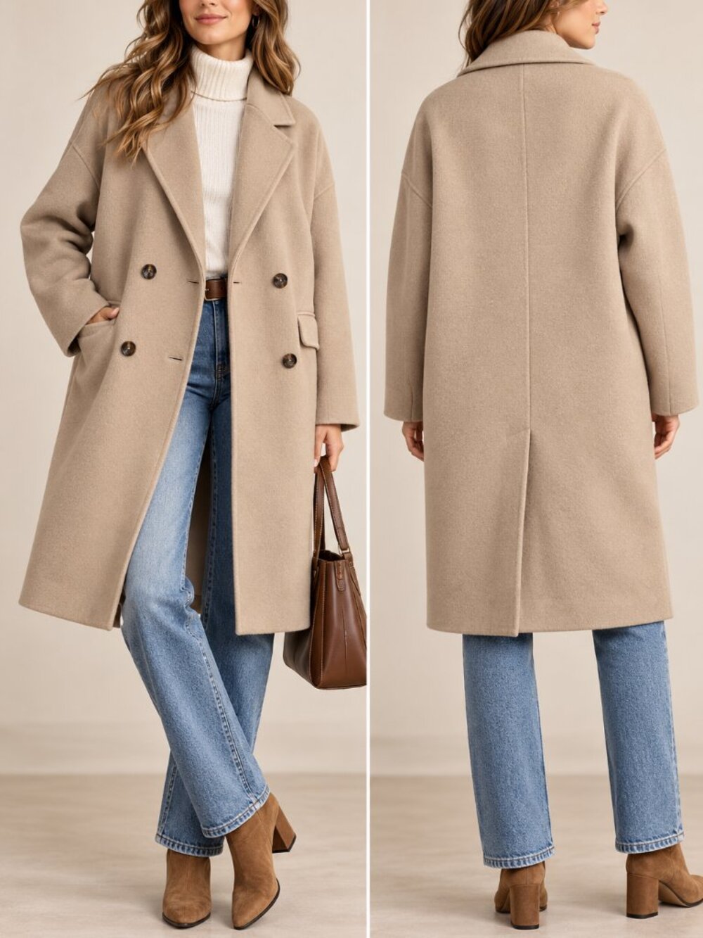 Belle & Bloom Beige Wool Blend Double Breasted Long Coat Size S